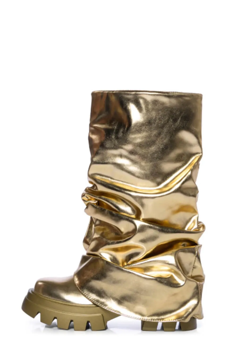 Metallic Scrunched Foldover Mid Calf Flatform Chunky Boots - Gold sold by Floralkini