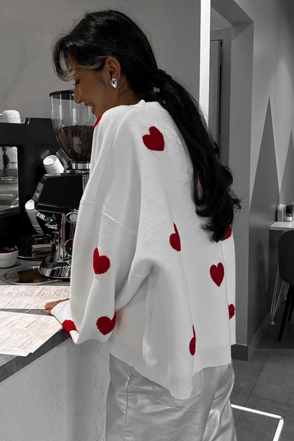 Heart Pattern Crew Neck Knit Jumper - White & Red sold by Floralkini product image thumbnail 4