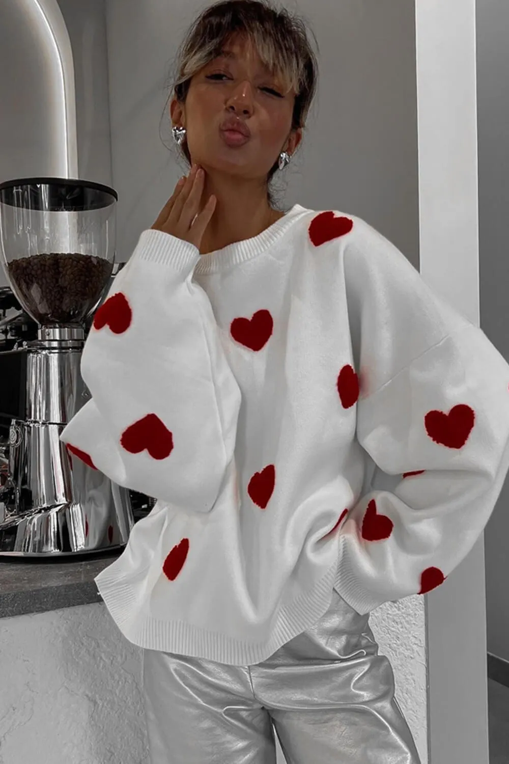 Heart Pattern Crew Neck Knit Jumper - White & Red sold by Floralkini