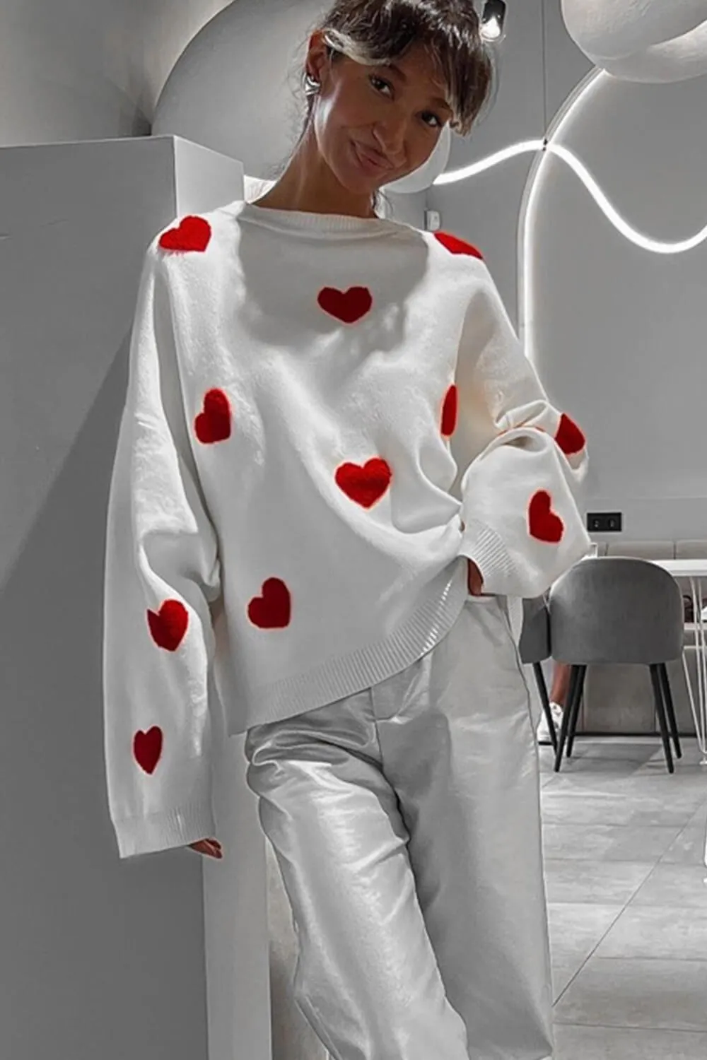 Heart Pattern Crew Neck Knit Jumper - White & Red sold by Floralkini product image thumbnail 2