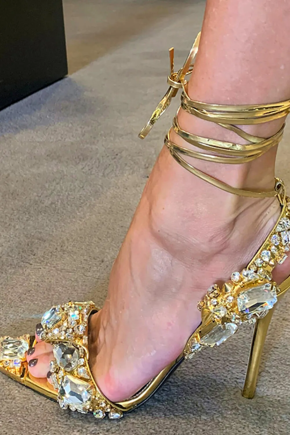 Metallic Crystal-Embellished Poiny Jewel Lace Up Stiletto Heeled Sandals - Gold sold by Floralkini