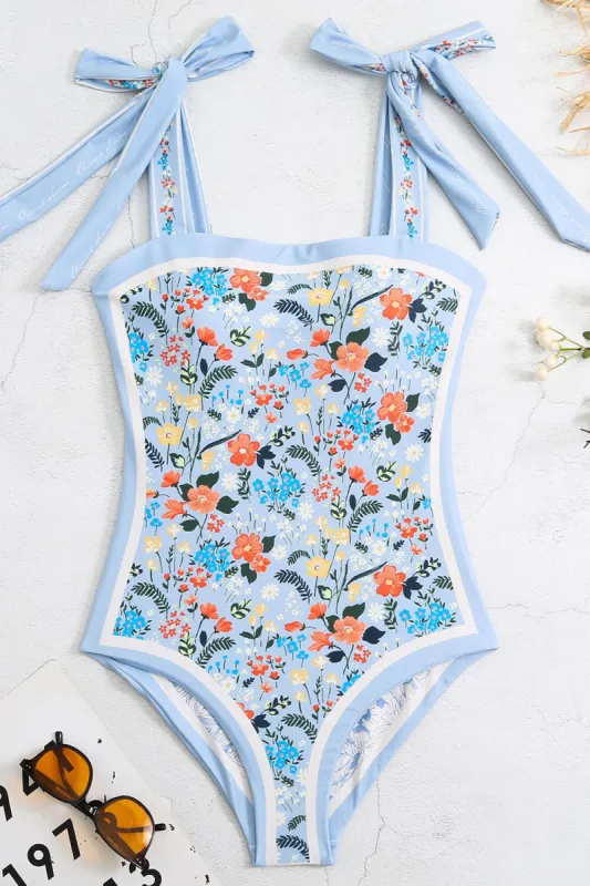Vintage Blue Floral Print Reversible Tie-Shoulder One Piece Swimsuit sold by Floralkini