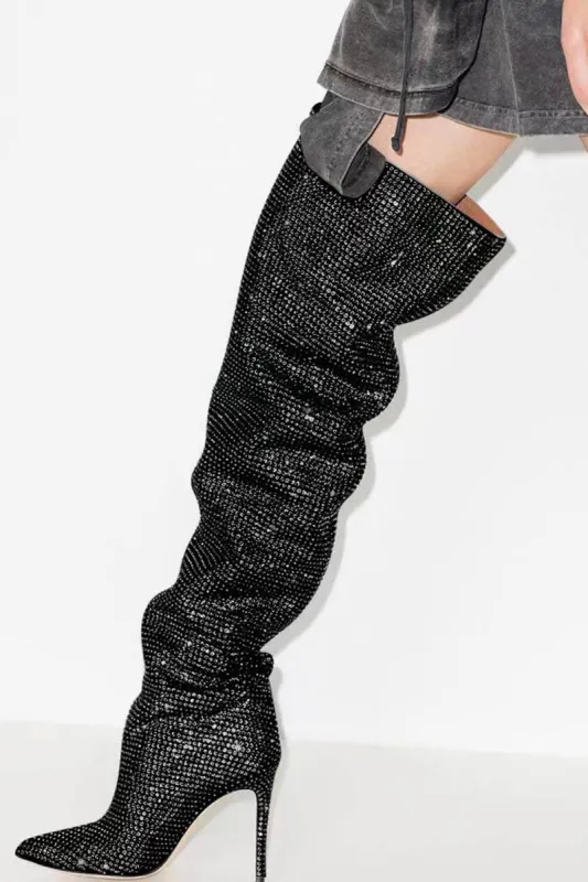 Crystal-Embellished Point Toe Over The Knee Slouch Stiletto Heeled Boots - Black sold by Floralkini