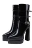 Black Patent Double Platform Pointy Ankle Boots With Triple Ankle Straps Detailing sold by Floralkini