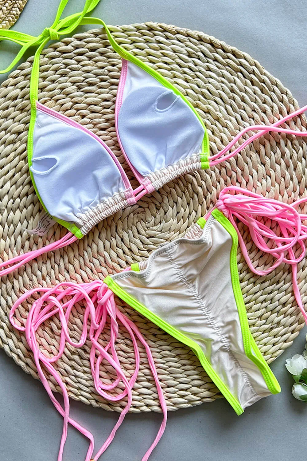 Colorblock Triangle Adjustable Tie Brazilian Bikini Set - Neon White Pink sold by Floralkini product image thumbnail 5