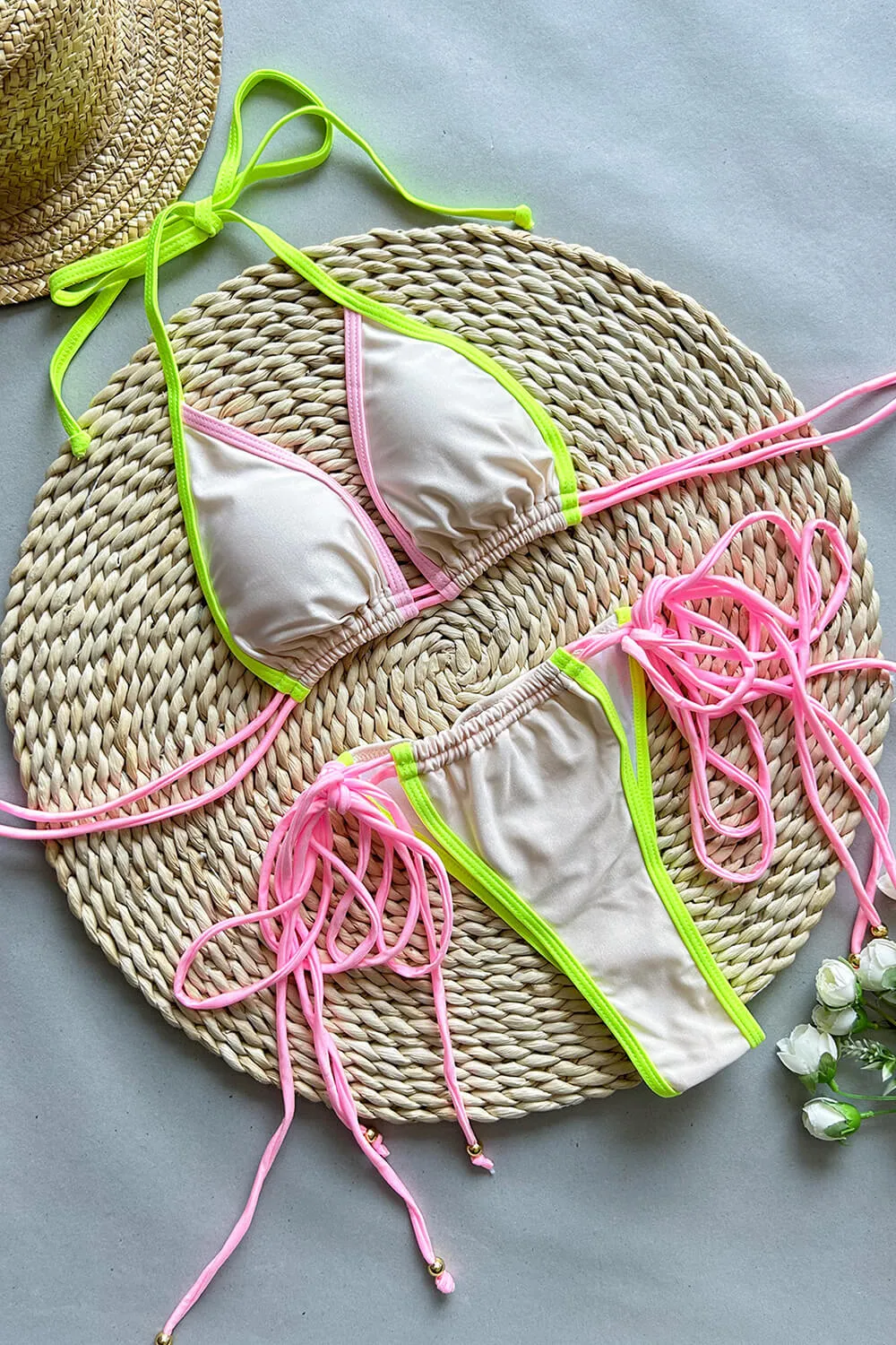 Colorblock Triangle Adjustable Tie Brazilian Bikini Set - Neon White Pink sold by Floralkini product image thumbnail 4