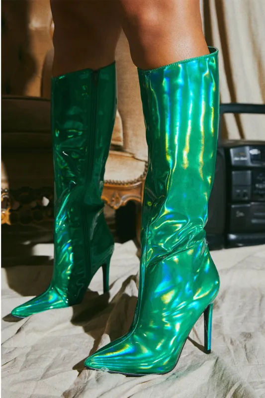 Metallic Finish Knee-High Pointed Toe Stiletto Boots - Green sold by Floralkini