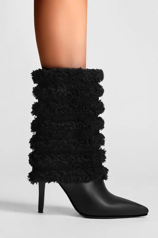 Distressed Denim Channeled Fold-Over Mid-Calf Stiletto Heel Boots sold by Floralkini