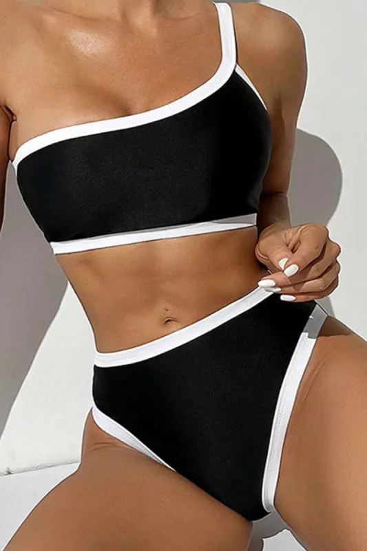 Asymmetric Two-Tone High Waisted Bikini Set sold by Floralkini