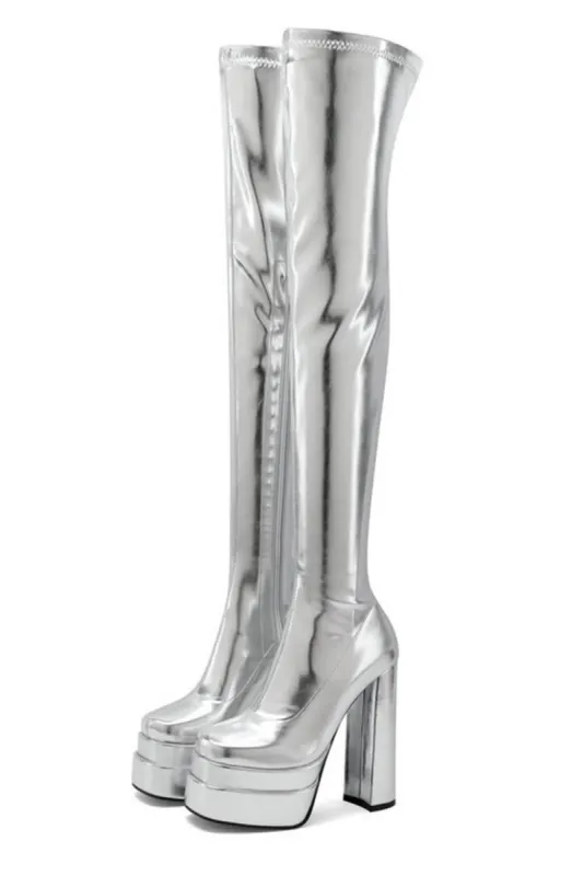 Metallic Faux Leather Double Platform Block Heel Thigh High Boots - Silver sold by Floralkini