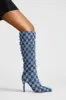Distressed Checkered Denim Pointed Toe Knee High Stiletto Boots sold by Floralkini