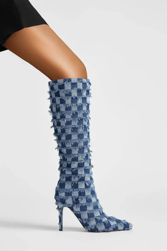 Distressed Checkered Denim Pointed Toe Knee High Stiletto Boots sold by Floralkini