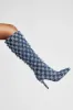 Distressed Checkered Denim Pointed Toe Knee High Stiletto Boots sold by Floralkini
