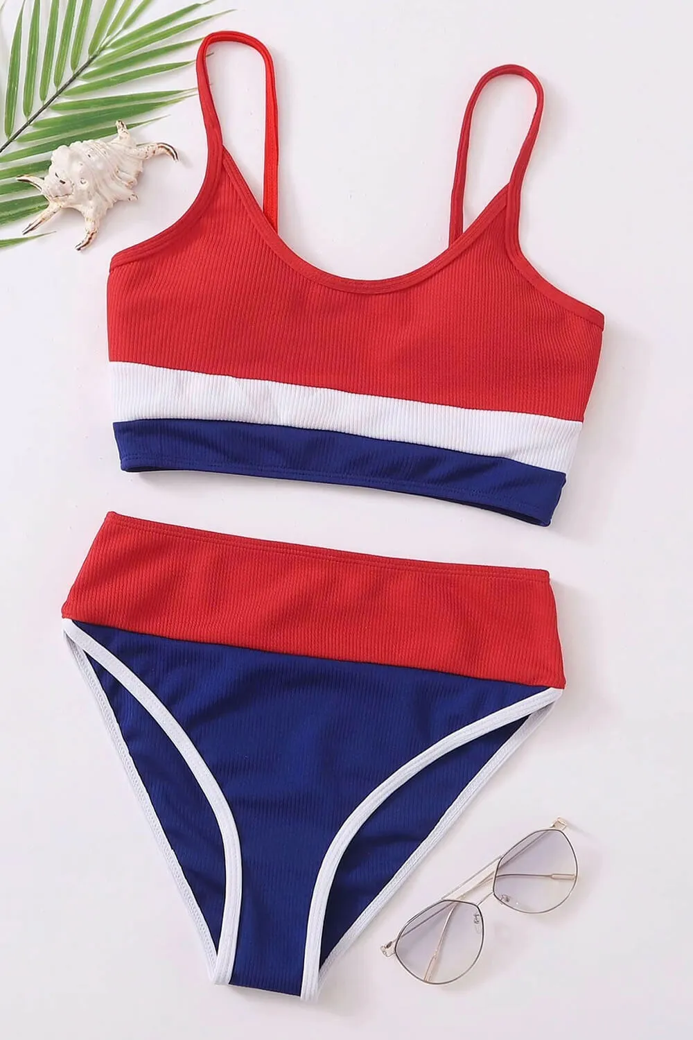 Colorblock Rib Sporty High-Waist Bikini Set - Red & White & Blue sold by Floralkini product image thumbnail 2