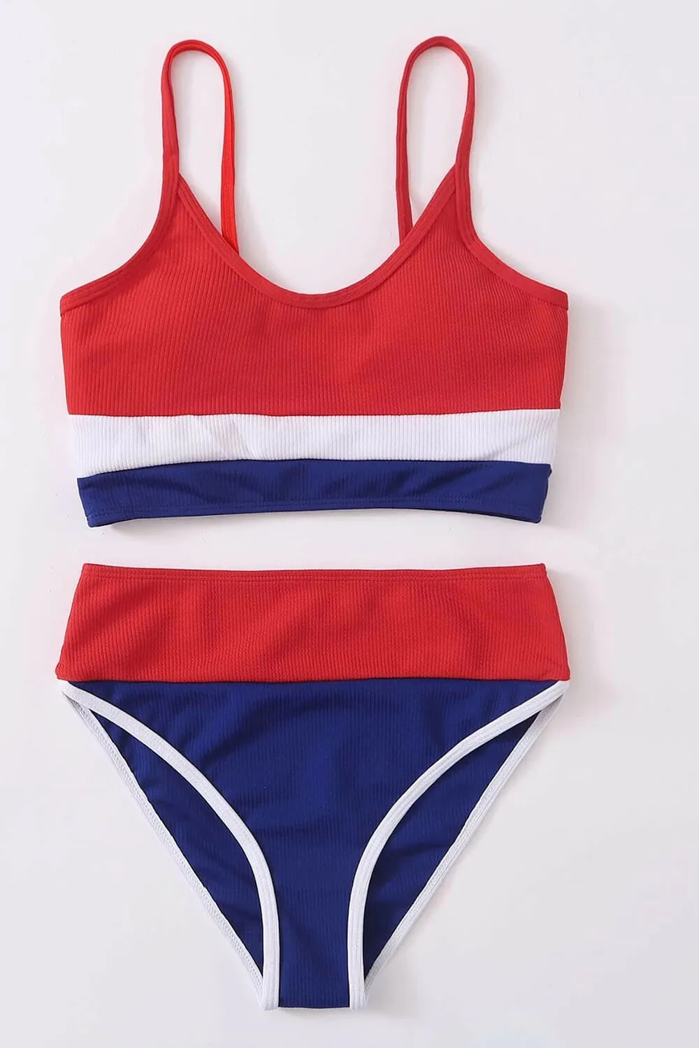 Colorblock Rib Sporty High-Waist Bikini Set - Red & White & Blue sold by Floralkini product image thumbnail 3