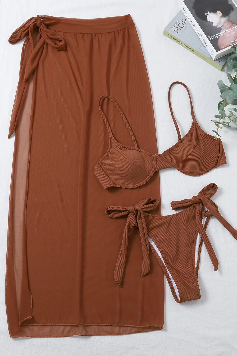 Rib Balconette Underwire Tie Side Bikini Set With Side Split Sarong Midi Skirt sold by Floralkini product image thumbnail 4