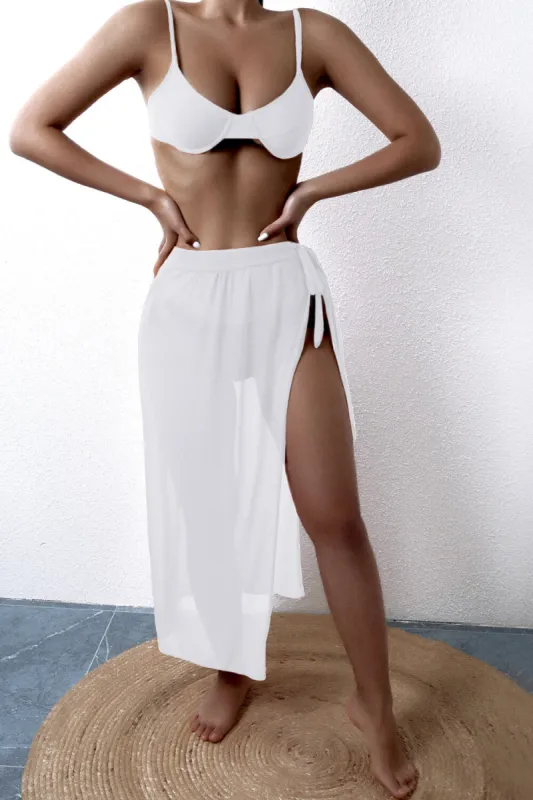 Rib Balconette Underwire Tie Side Bikini Set With Side Split Sarong Midi Skirt sold by Floralkini