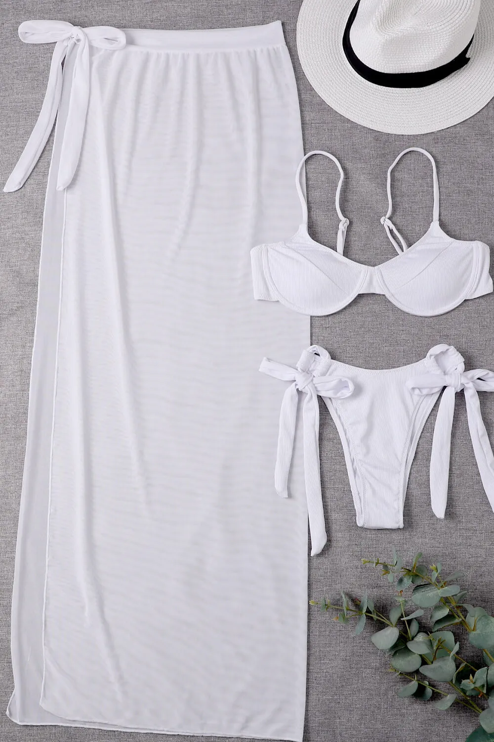 Rib Balconette Underwire Tie Side Bikini Set With Side Split Sarong Midi Skirt sold by Floralkini product image thumbnail 5