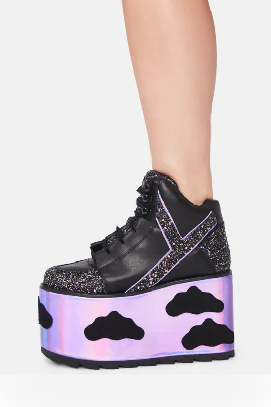 Sky Glitter Platform Lace Up Boots With Cloud Patches Detailing - Black sold by Floralkini