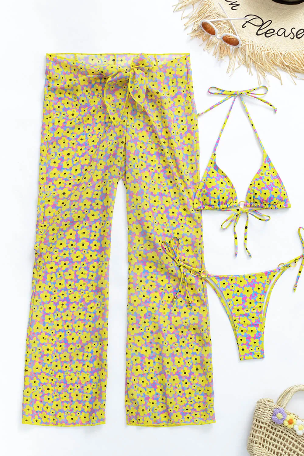 Yellow Flowers Print Triangle Ring Detailing Tie Side Bikini Set sold by Floralkini product image thumbnail 5