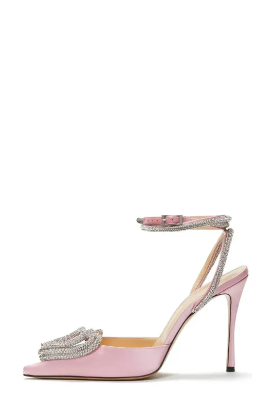 Pink Satin Triple Heart Crystal-Embellished Wrap Around Pointed Toe Stiletto Heels sold by Floralkini