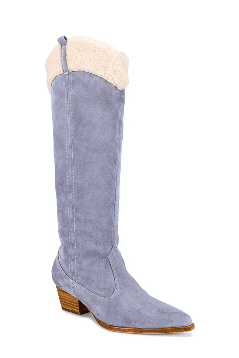 Suede Pointed Toe Western Cowboy Knee High Boots With Faux Fur Trim - Cornflower sold by Floralkini product image thumbnail 5
