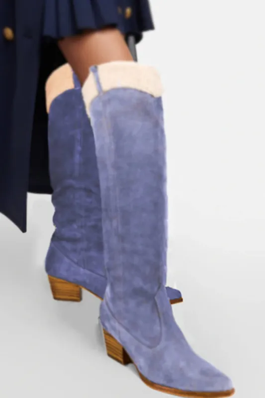 Suede Pointed Toe Western Cowboy Knee High Boots With Faux Fur Trim - Cornflower sold by Floralkini