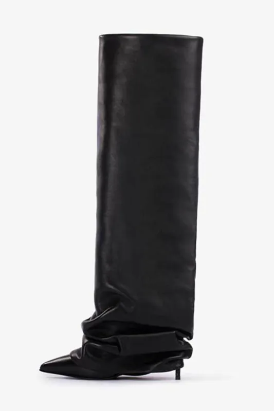 Faux Leather Pointed Toe Folded Knee High Stiletto Boots - Black sold by Floralkini