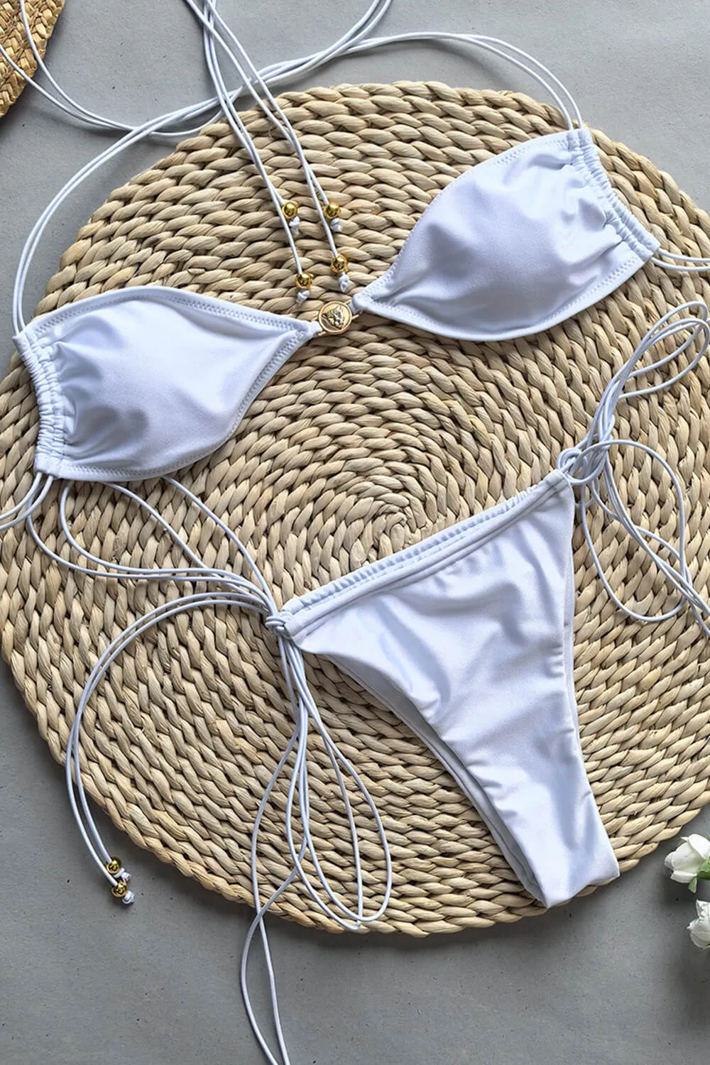 Ruched Strappy Tie Side Bikini Set With Golden Ring Details - White sold by Floralkini product image thumbnail 5