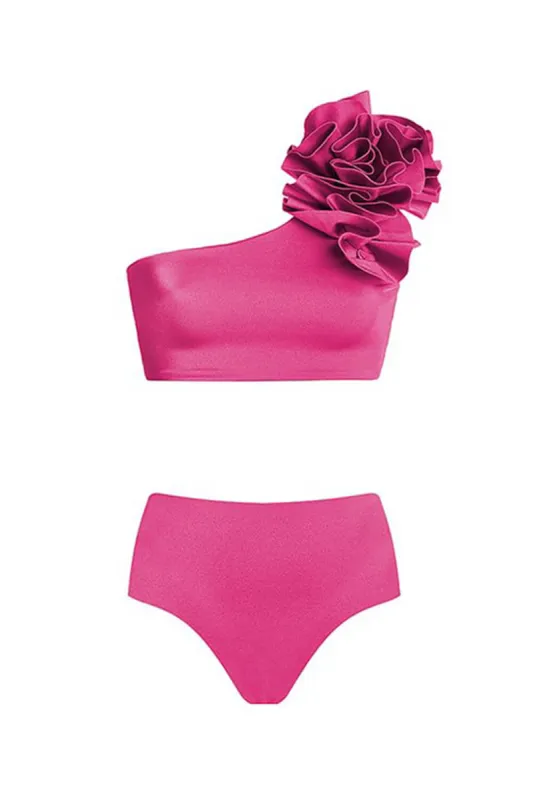 Hot Pink Ruffled One Shoulder High Waist Bikini Set sold by Floralkini
