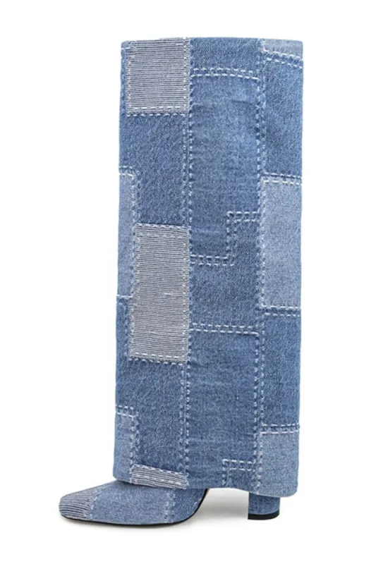 Denim Patchwork Fold Over Square Toe Block Heeled Boots - Dark Blue sold by Floralkini