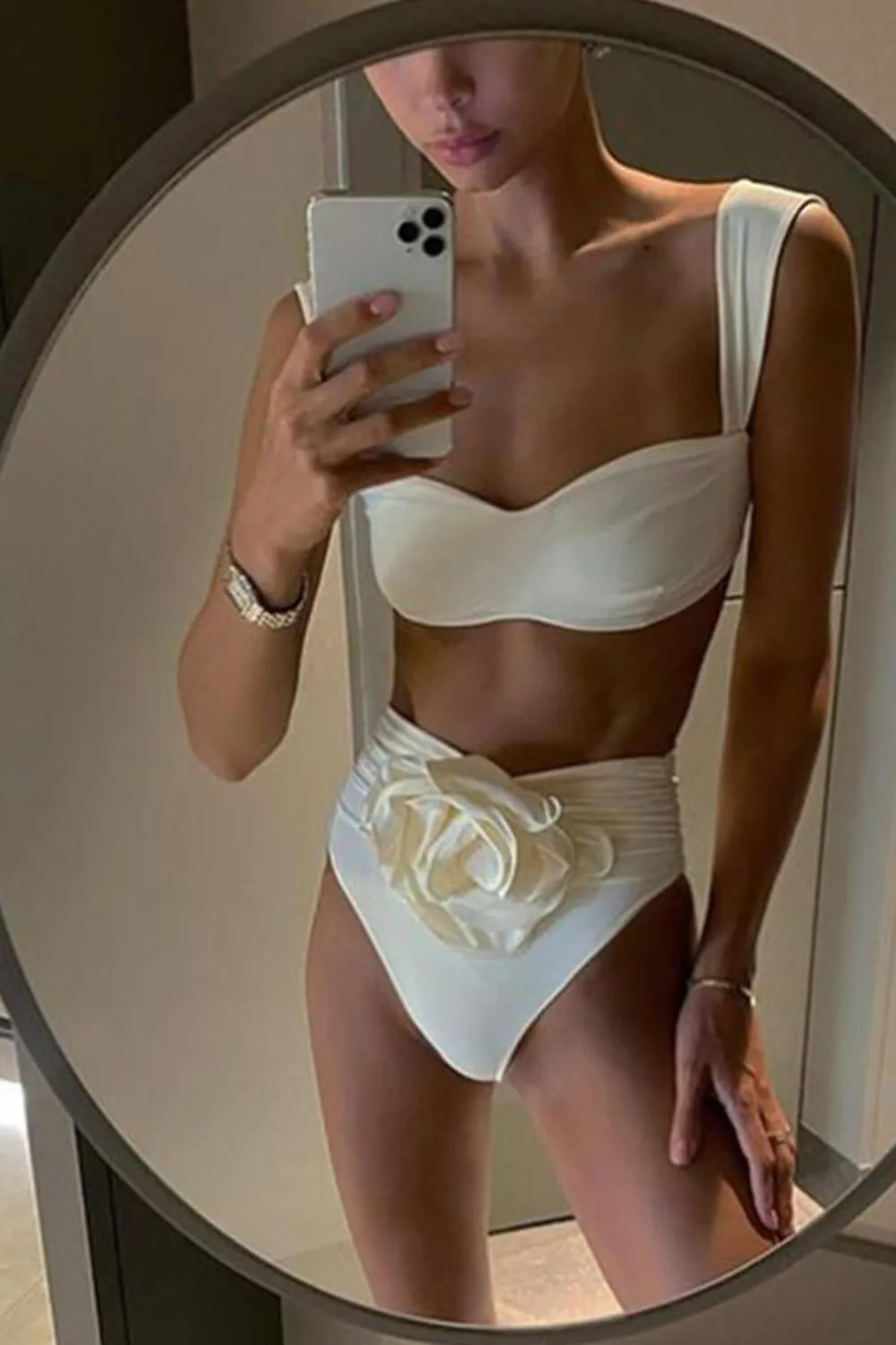 Bustier Rose Applique Ruched High-Wasited Bikini Set sold by Floralkini