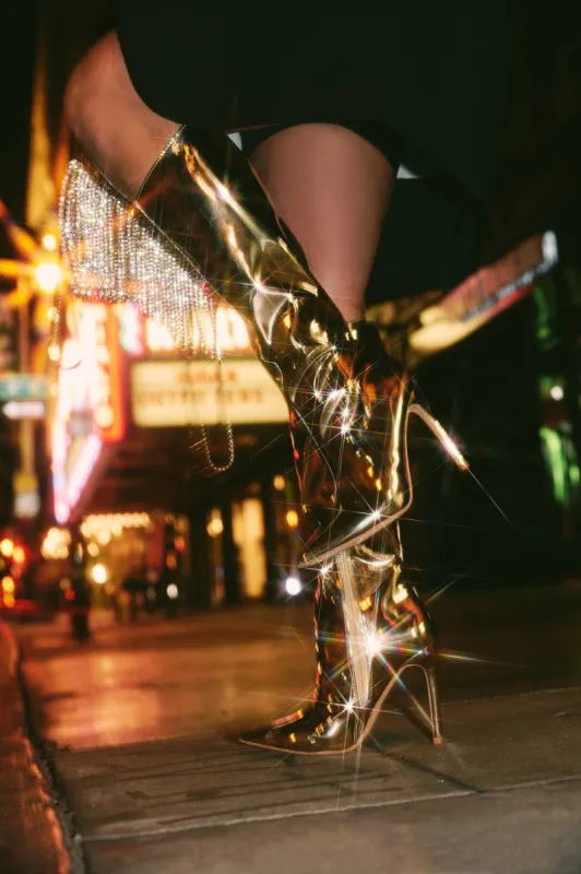 Metallic Finish Knee-High Pointed Toe Stiletto Boots - Champagne sold by Floralkini