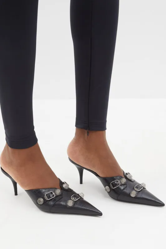 Pointed Toe Stiletto Mules With Studs And Pin Buckle Strap Details - Black sold by Floralkini