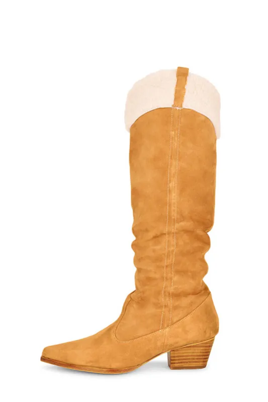 Suede Pointed Toe Western Cowboy Knee High Boots With Faux Fur Trim - Gold sold by Floralkini
