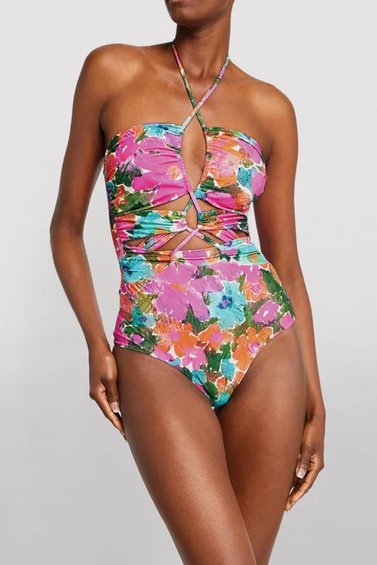Floral Laceup Crossover Halterneck One Piece Swimsuit sold by Floralkini