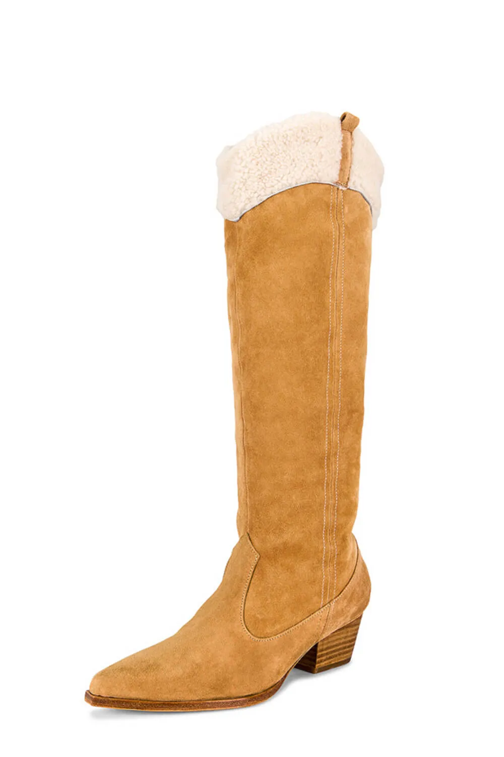 Suede Pointed Toe Western Cowboy Knee High Boots With Faux Fur Trim - Gold sold by Floralkini product image thumbnail 3