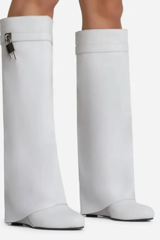 Faux Leather Padlock Detail Folded Wedge Heel Knee High Long Boots - White sold by Floralkini