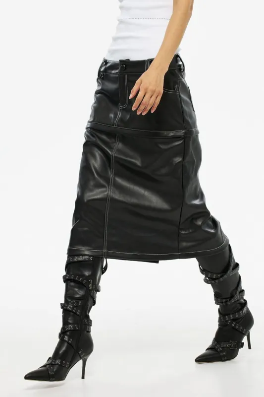 Strap Belt Pointed Toe Knee High Stiletto Boots With Buckle Details - Black sold by Floralkini