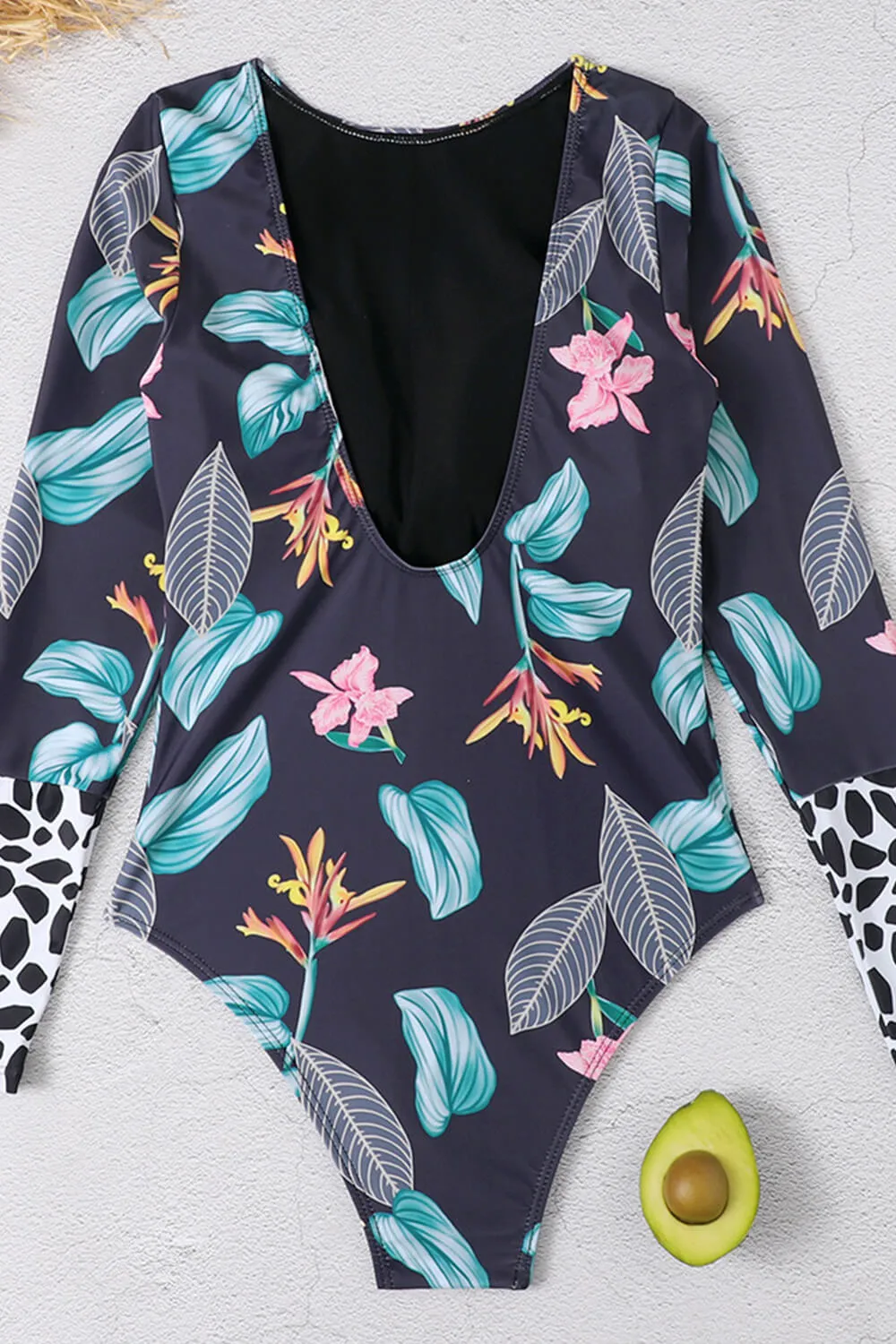 Floral Marble Print Contrasted Long Sleeve One Piece Swimsuit sold by Floralkini product image thumbnail 5