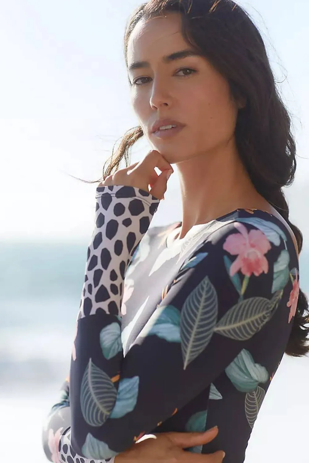 Floral Marble Print Contrasted Long Sleeve One Piece Swimsuit sold by Floralkini product image thumbnail 3