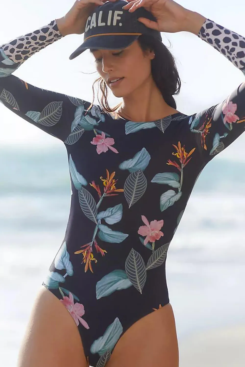 Floral Marble Print Contrasted Long Sleeve One Piece Swimsuit sold by Floralkini