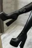 Faux Leather Double Platform Block Heel Thigh High Boots - Black sold by Floralkini