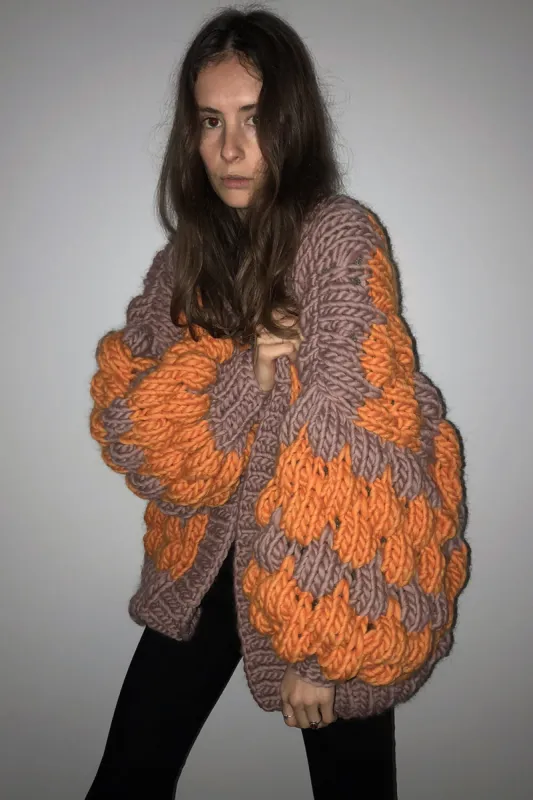 Two-Tone Balloon Sleeve Open Front Gauge Knit Cardigan - Orange & Brown sold by Floralkini