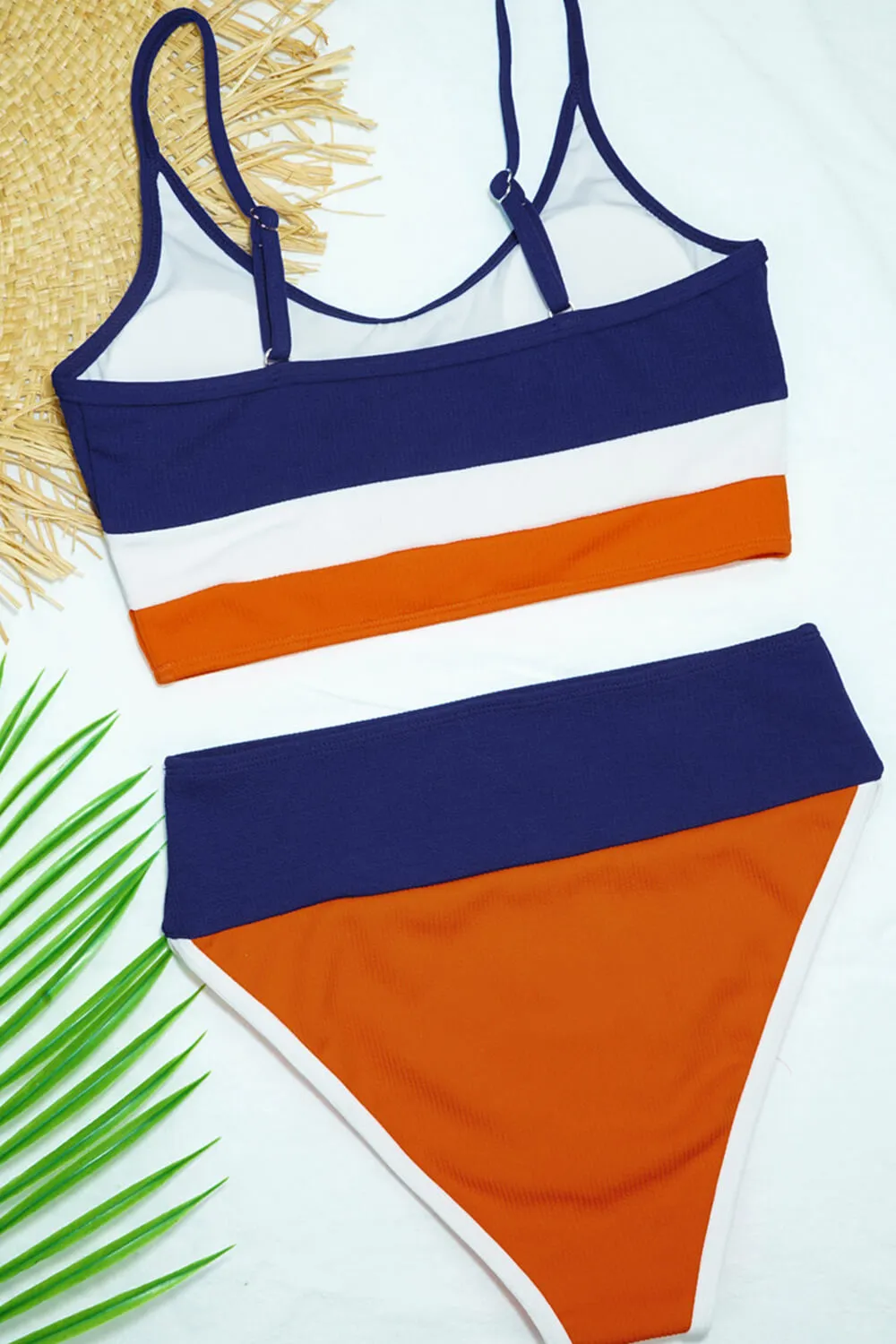 Colorblock Rib Sporty High-Waist Bikini Set - Blue&White&Orange sold by Floralkini product image thumbnail 3