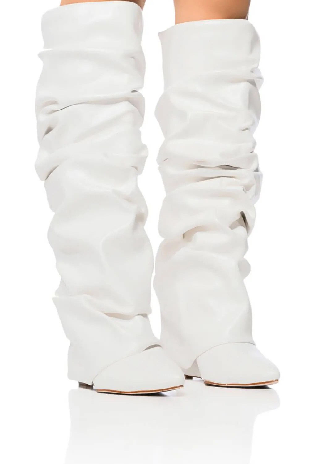 Scrunched Foldover Mid Calf Wedge Heel Boots - White sold by Floralkini product image thumbnail 2