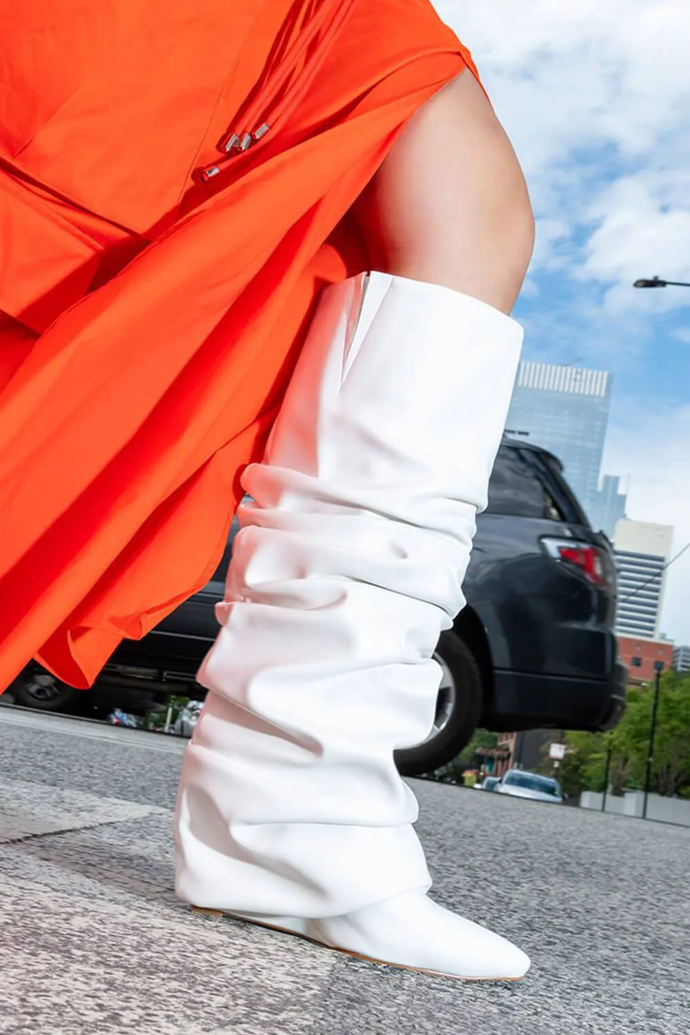 Scrunched Foldover Mid Calf Wedge Heel Boots - White sold by Floralkini