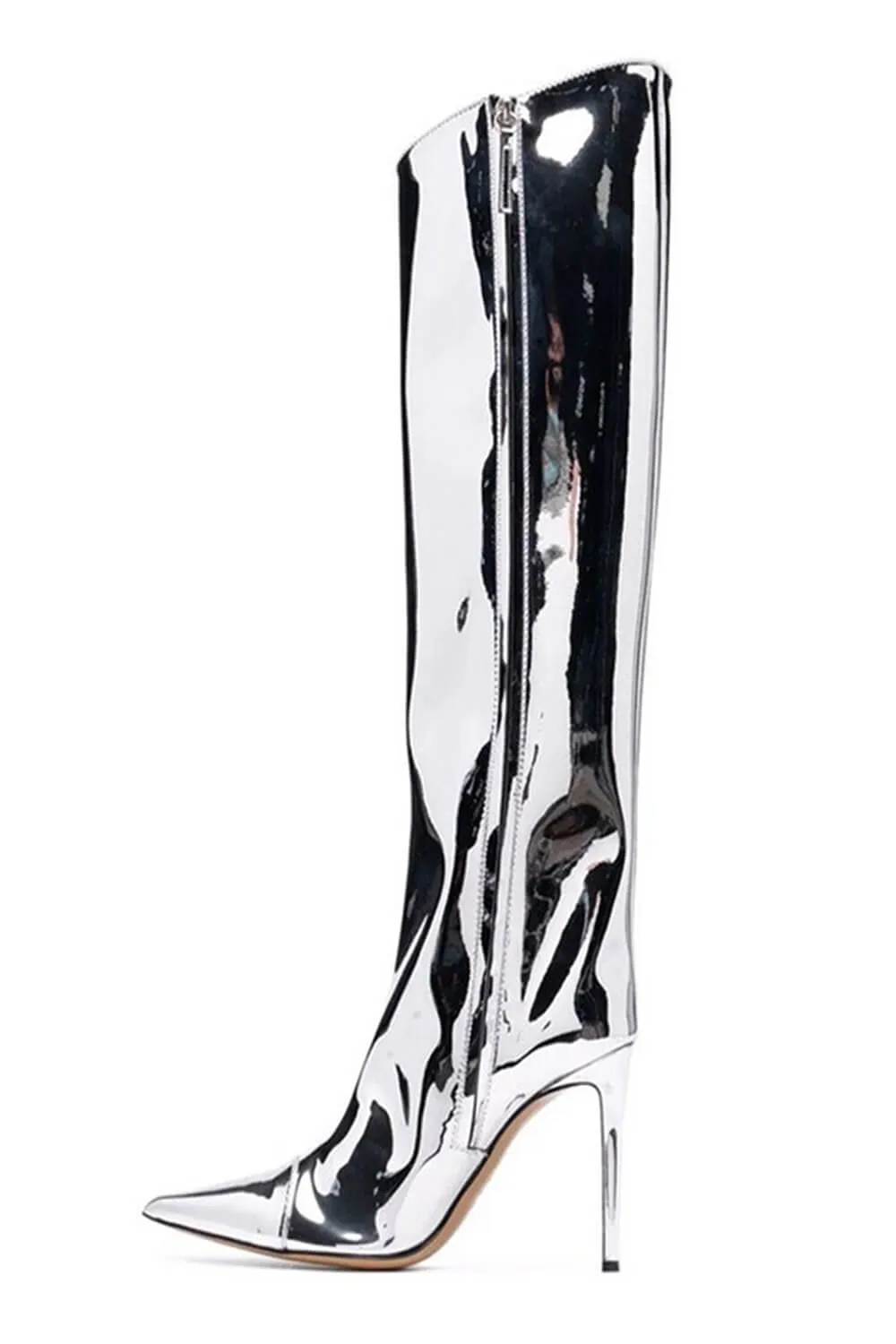 Metallic Finish Knee-High Pointed Toe Stiletto Boots - Silver sold by Floralkini product image thumbnail 2