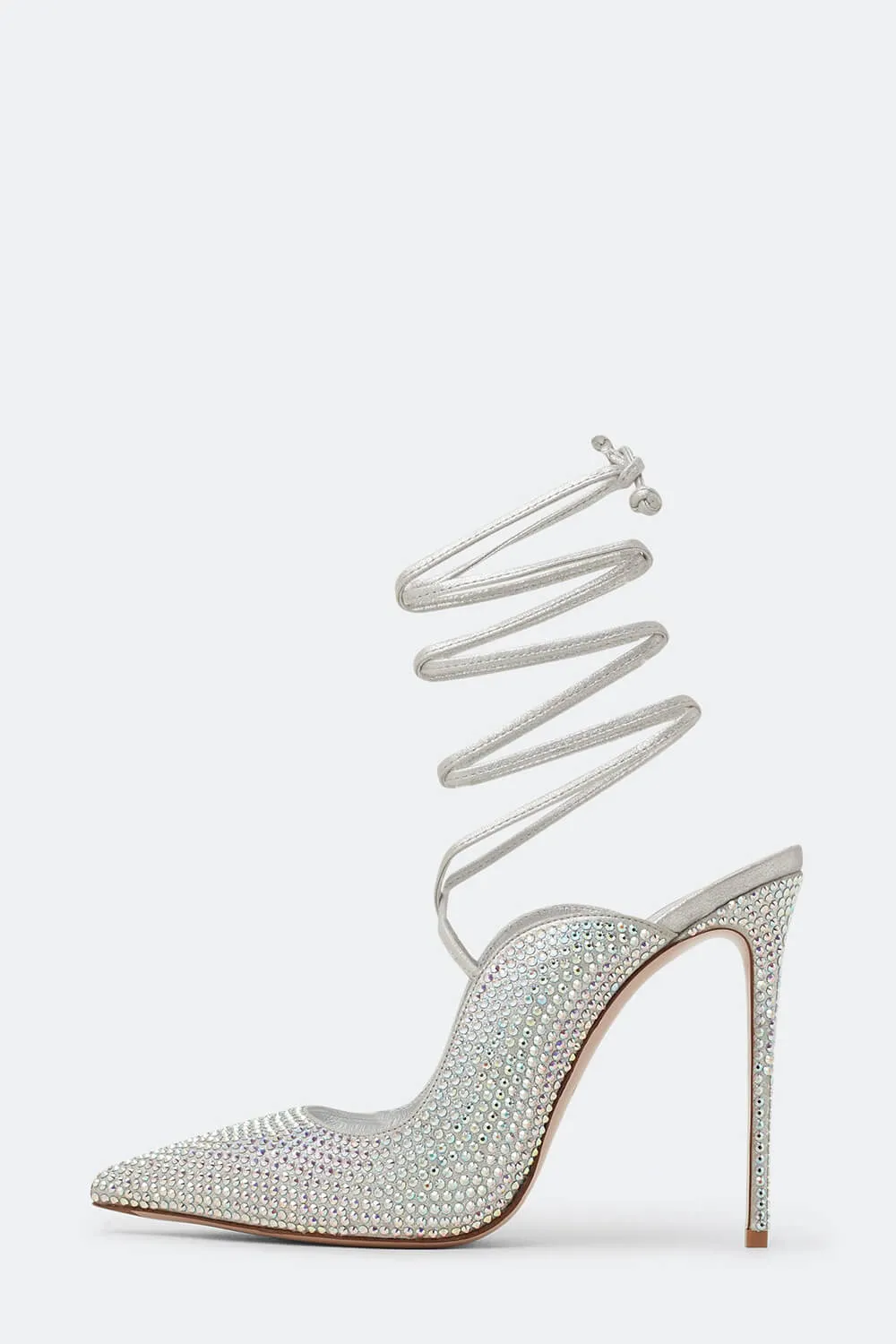 Crystal Embellished Lace Up Pointed Toe Court Stiletto Heel - Silver sold by Floralkini product image thumbnail 3
