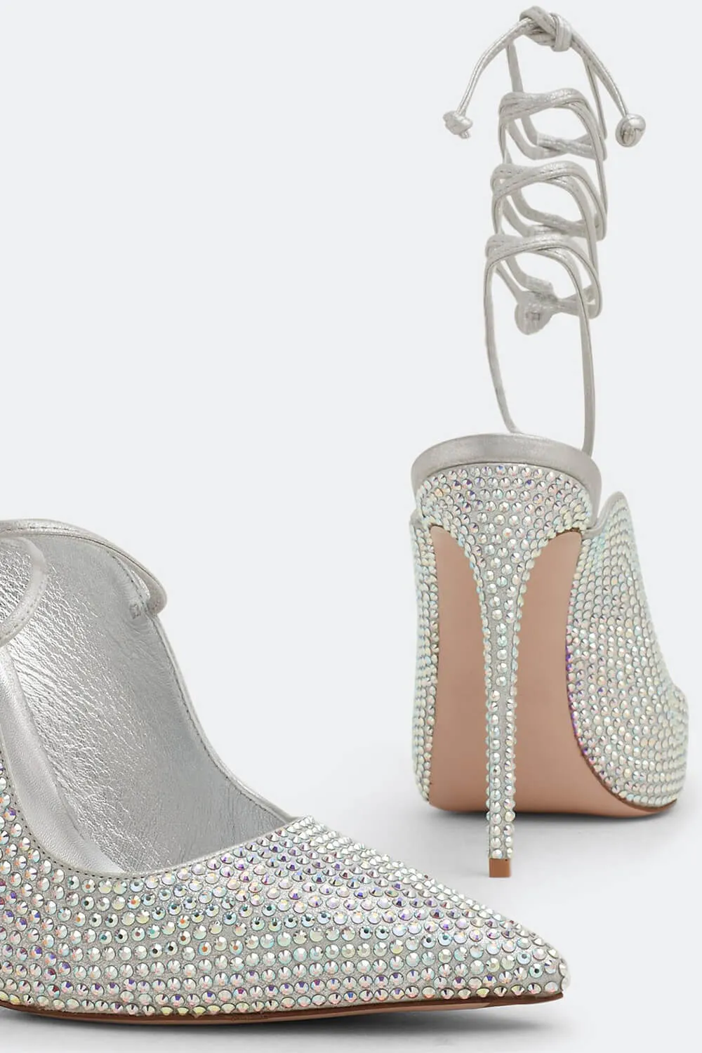 Crystal Embellished Lace Up Pointed Toe Court Stiletto Heel - Silver sold by Floralkini product image thumbnail 4